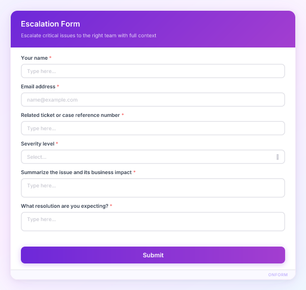 Escalation Form preview