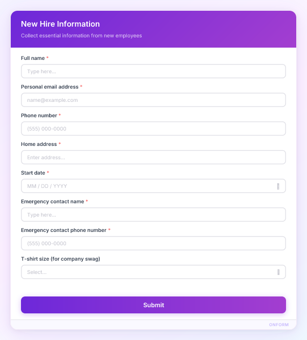 New Hire Information preview